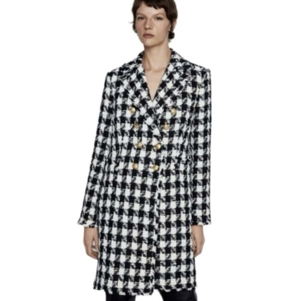 ZARA Houndstooth Double Breasted Boucle Jacket Size M